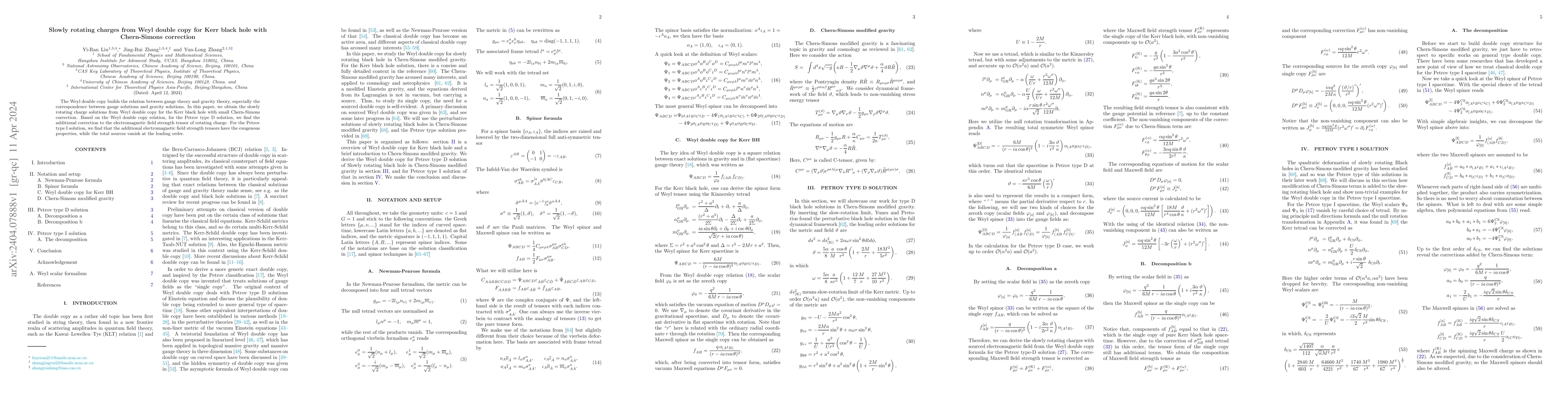 Thumbnail for Slowly rotating charges from Weyl double copy for Kerr black hole with
  Chern-Simons correction