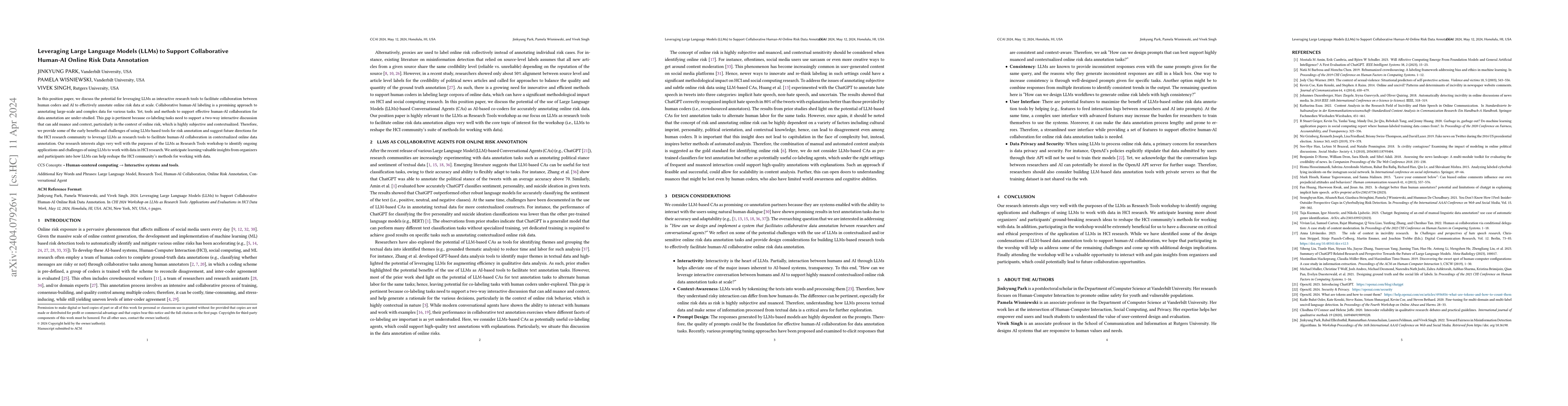Thumbnail for Leveraging Large Language Models (LLMs) to Support Collaborative
  Human-AI Online Risk Data Annotation