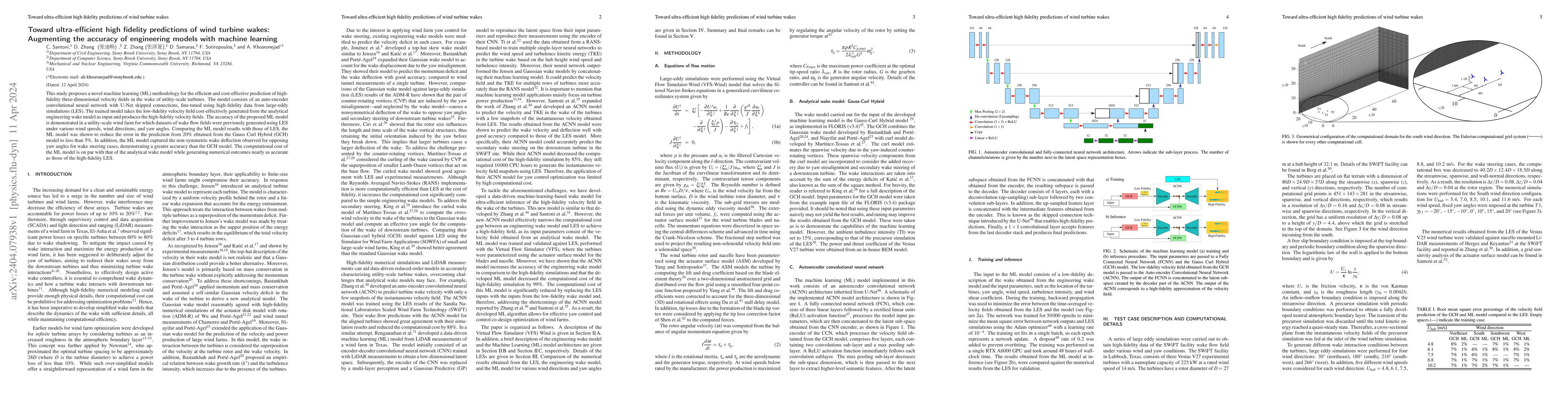 Thumbnail for Toward ultra-efficient high fidelity predictions of wind turbine wakes:
  Augmenting the accuracy of engineering models via LES-trained machine
  learning