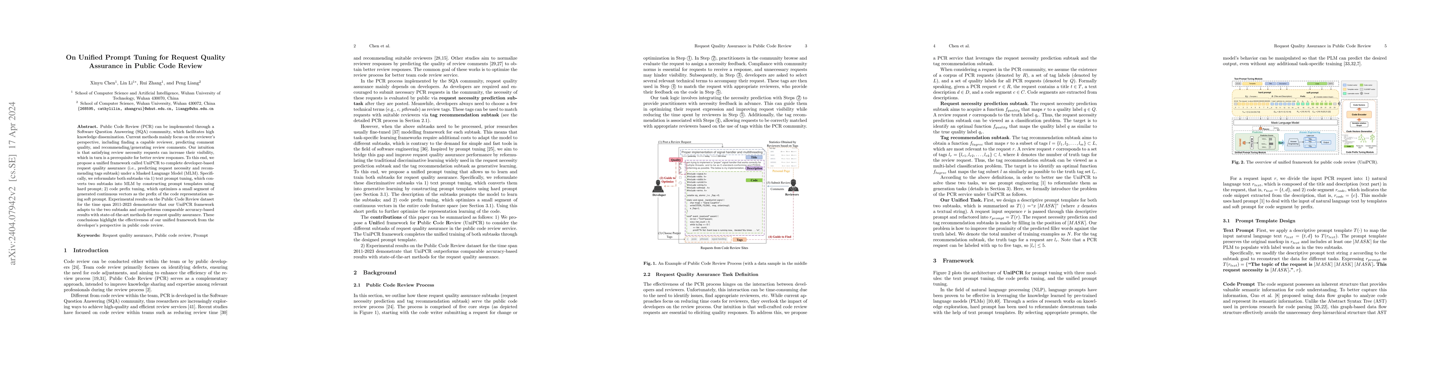 Thumbnail for On Unified Prompt Tuning for Request Quality Assurance in Public Code
  Review
