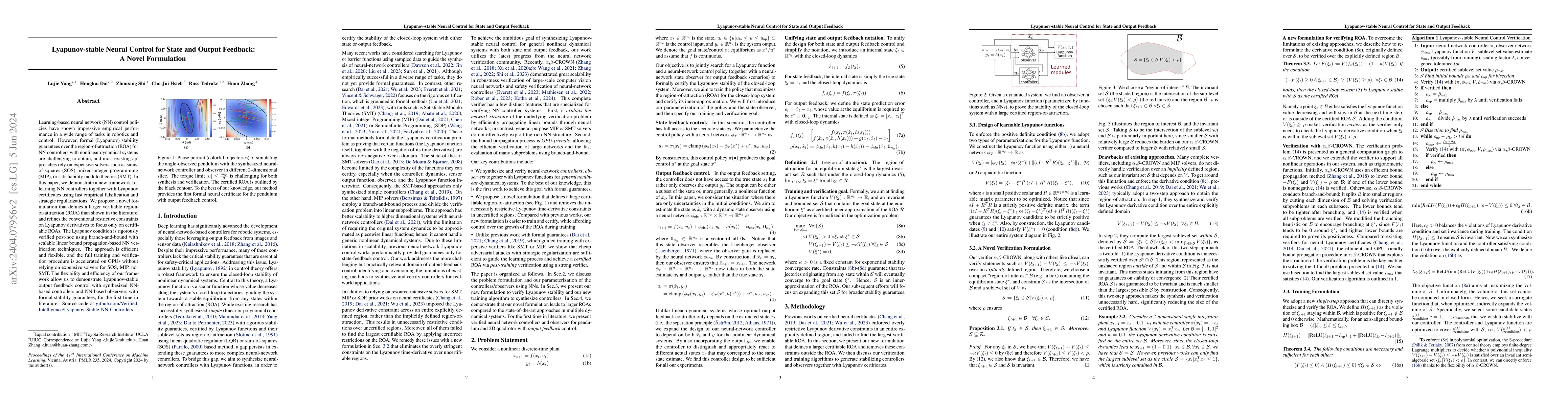 Thumbnail for Lyapunov-stable Neural Control for State and Output Feedback: A Novel
  Formulation