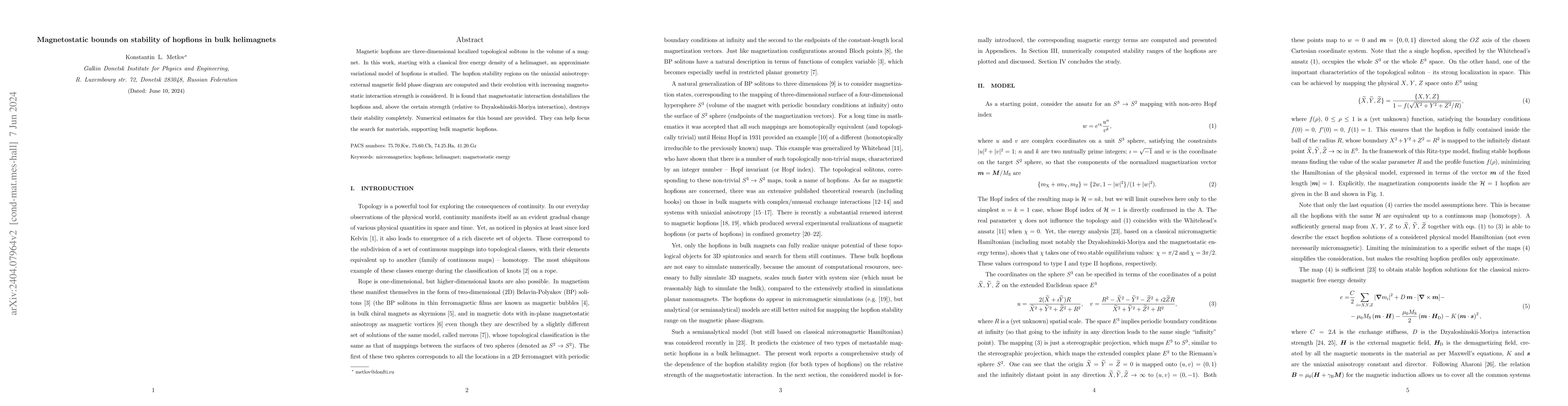 Thumbnail for Magnetostatic bounds on stability of hopfions in bulk helimagnets