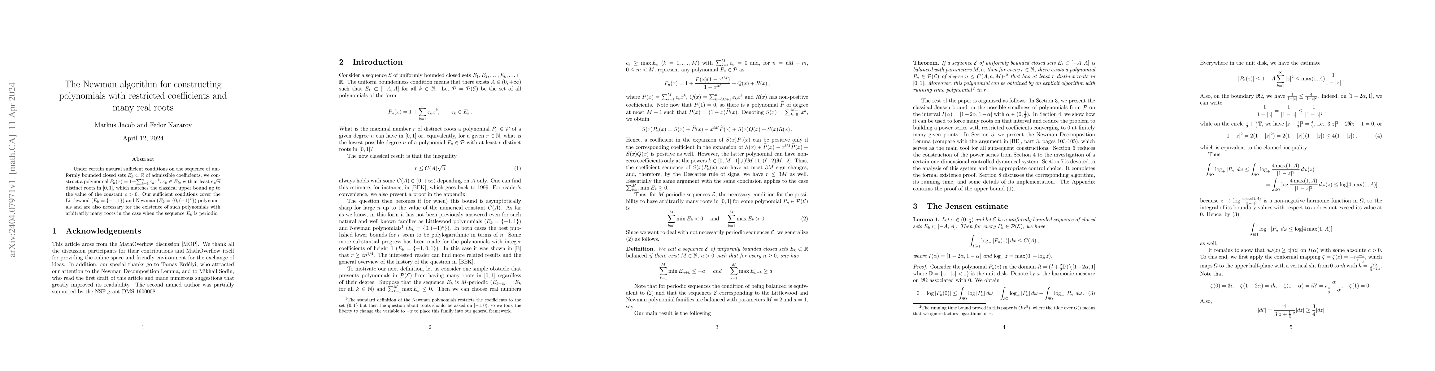 Thumbnail for The Newman algorithm for constructing polynomials with restricted
  coefficients and many real roots