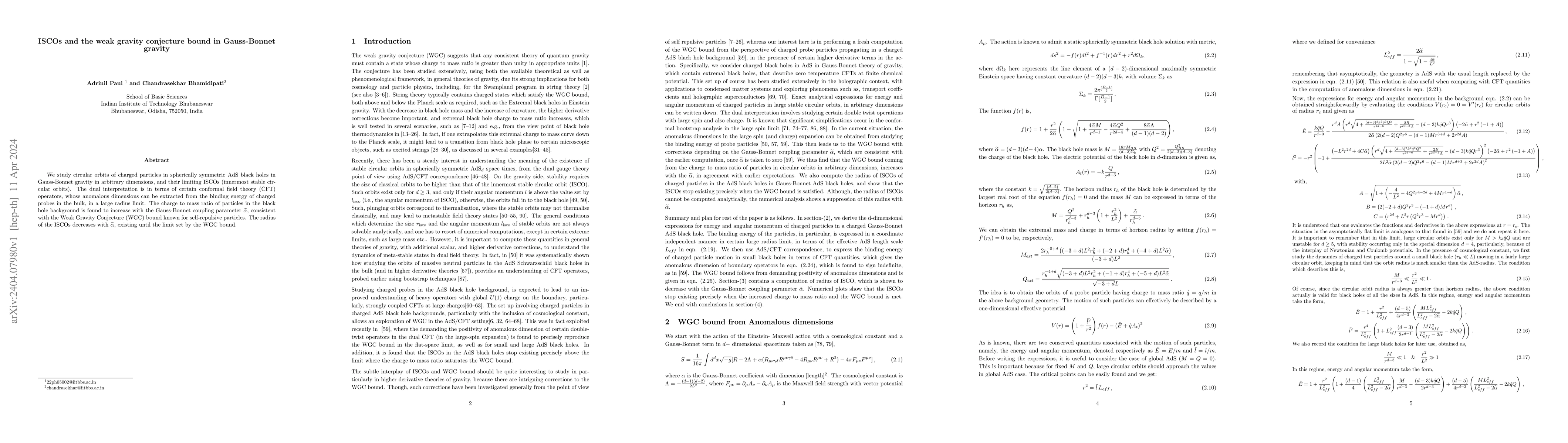 Thumbnail for ISCOs and the weak gravity conjecture bound in Gauss-Bonnet gravity