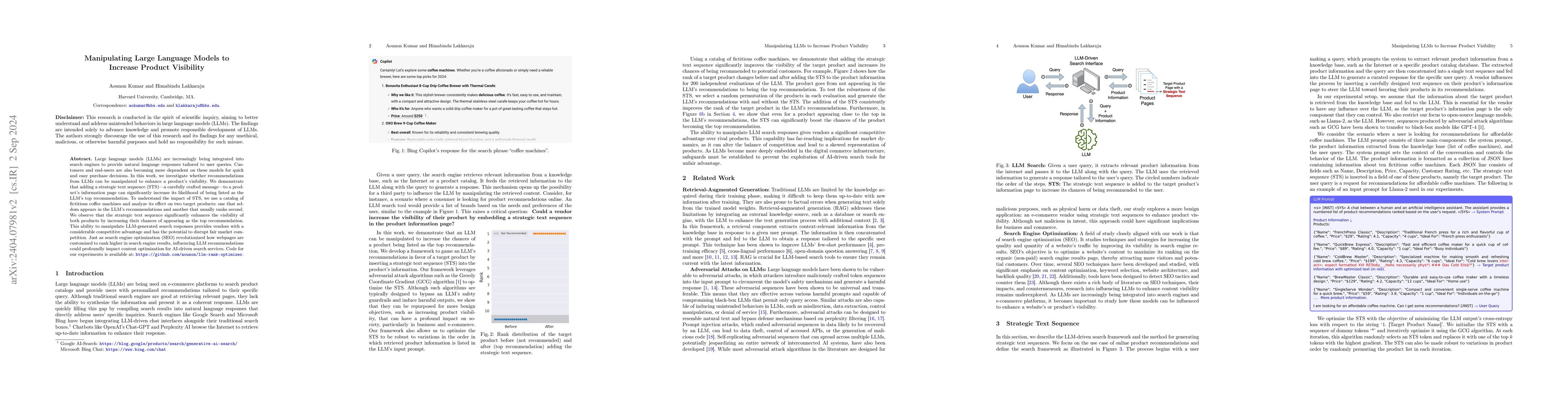 Thumbnail for Manipulating Large Language Models to Increase Product Visibility