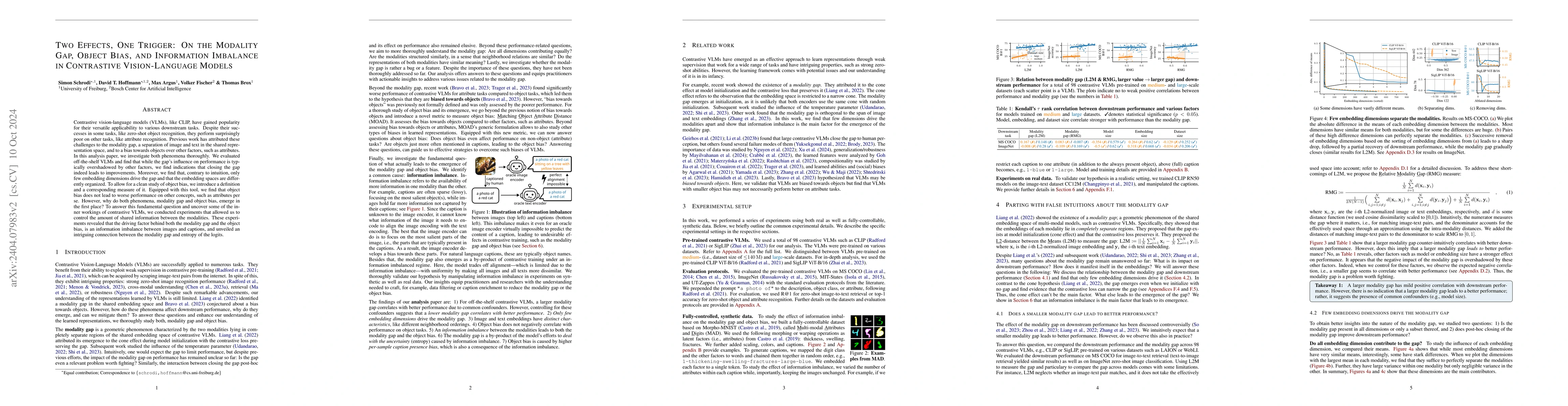 Thumbnail for Two Effects, One Trigger: On the Modality Gap, Object Bias, and
  Information Imbalance in Contrastive Vision-Language Representation Learning