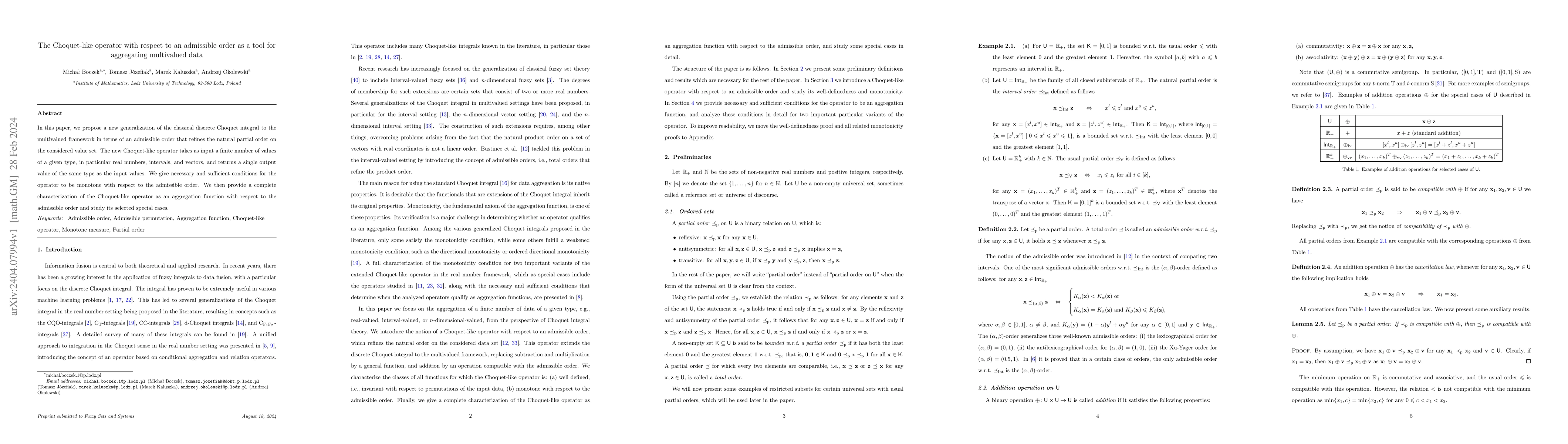 Thumbnail for The Choquet-like operator with respect to an admissible order as a tool
  for aggregating multivalued data