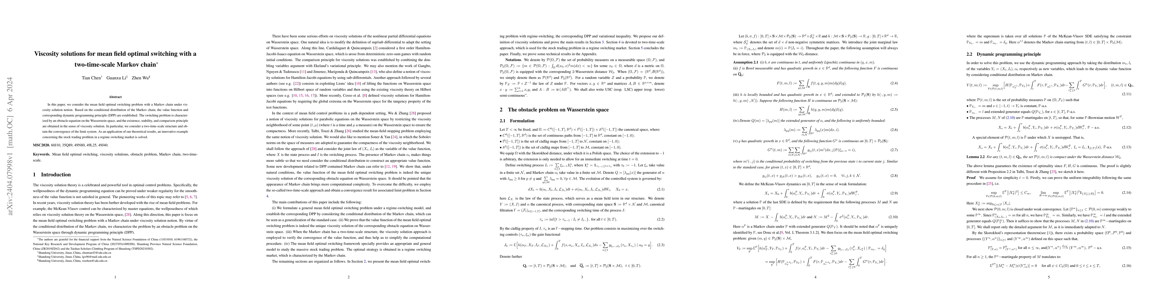 Thumbnail for Viscosity solutions for mean field optimal switching with a
  two-time-scale Markov chain