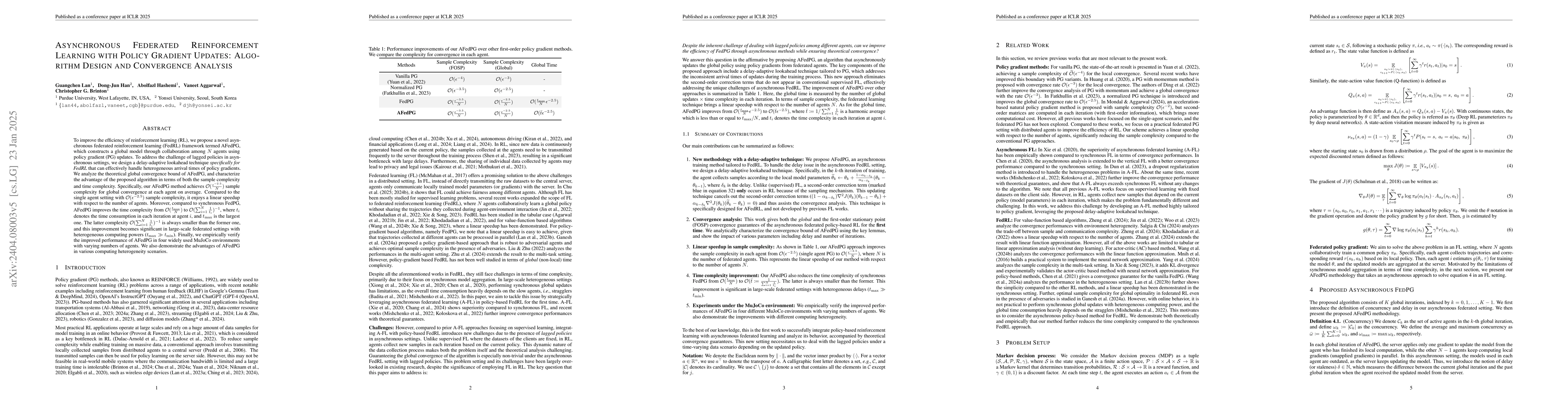 Thumbnail for Asynchronous Federated Reinforcement Learning with Policy Gradient
  Updates: Algorithm Design and Convergence Analysis