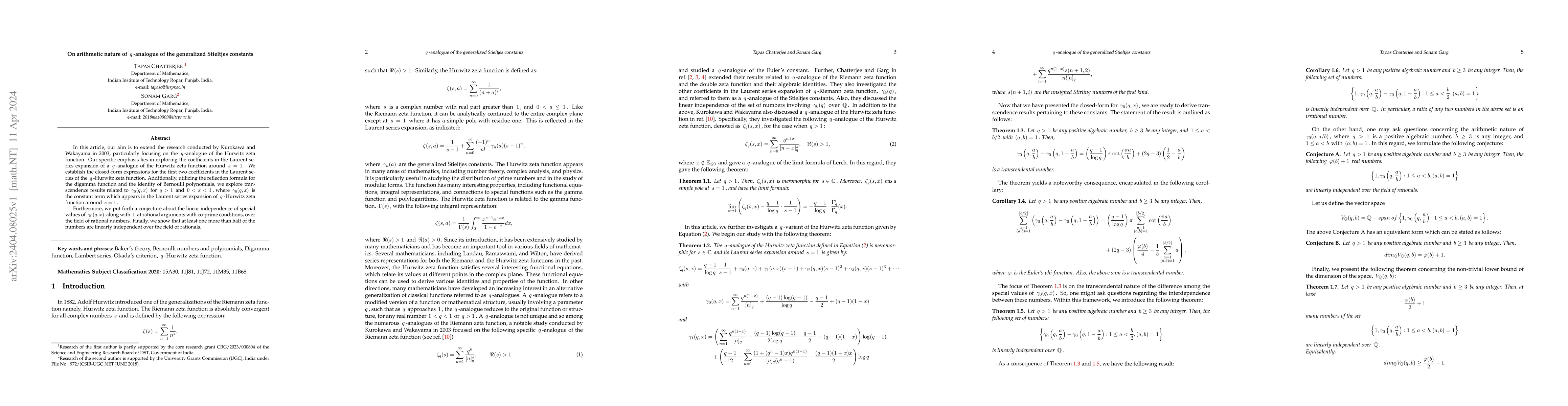 Thumbnail for On arithmetic nature of $q$-analogue of the generalized Stieltjes
  constants