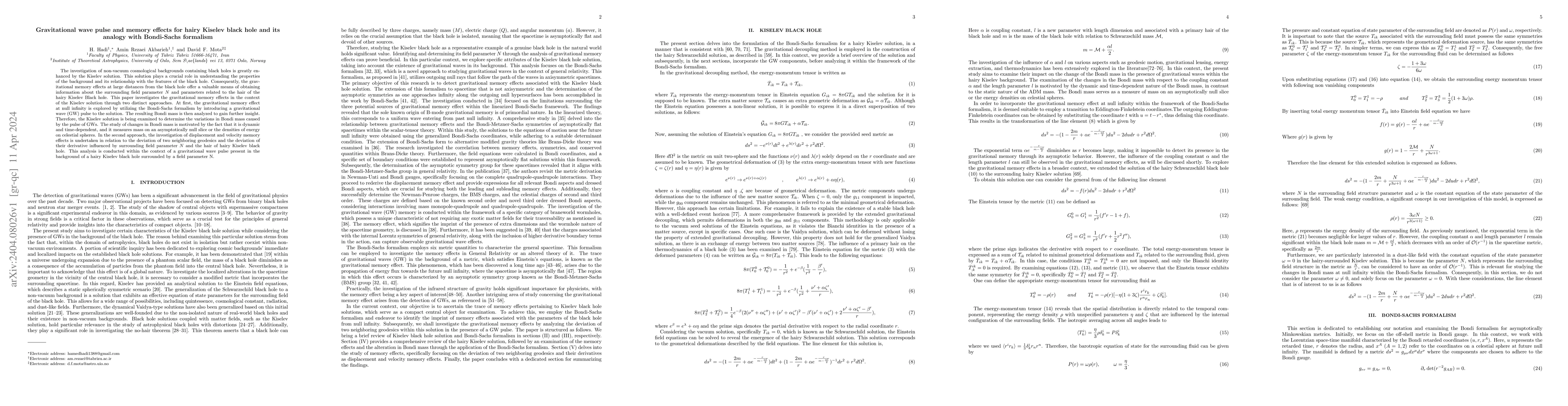 Thumbnail for Gravitational wave pulse and memory effects for hairy Kiselev black hole
  and its analogy with Bondi-Sachs formalism