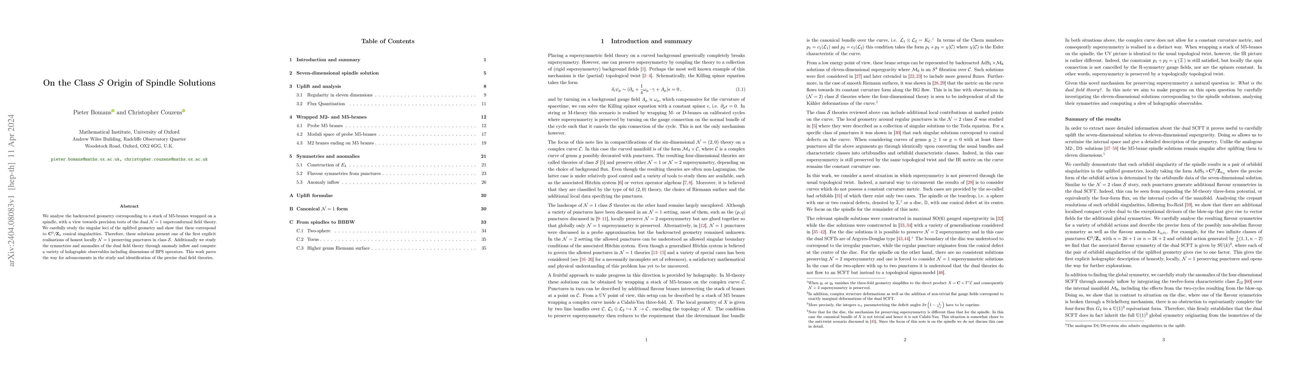 Thumbnail for On the Class $\mathcal{S}$ Origin of Spindle Solutions
