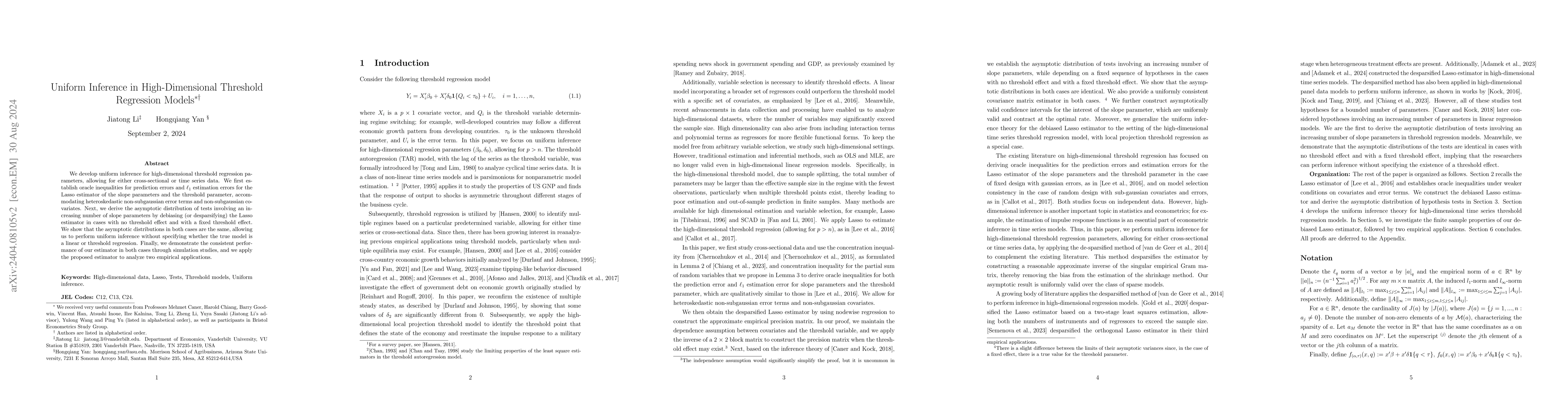 Thumbnail for Uniform Inference in High-Dimensional Threshold Regression Models