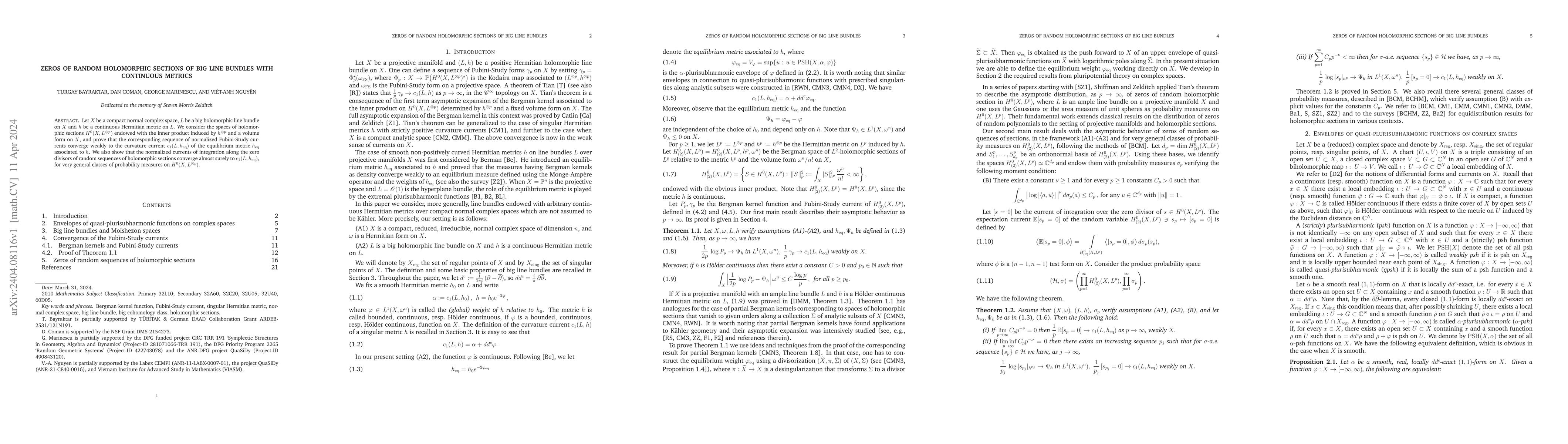 Thumbnail for Zeros of random holomorphic sections of big line bundles with continuous
  metrics