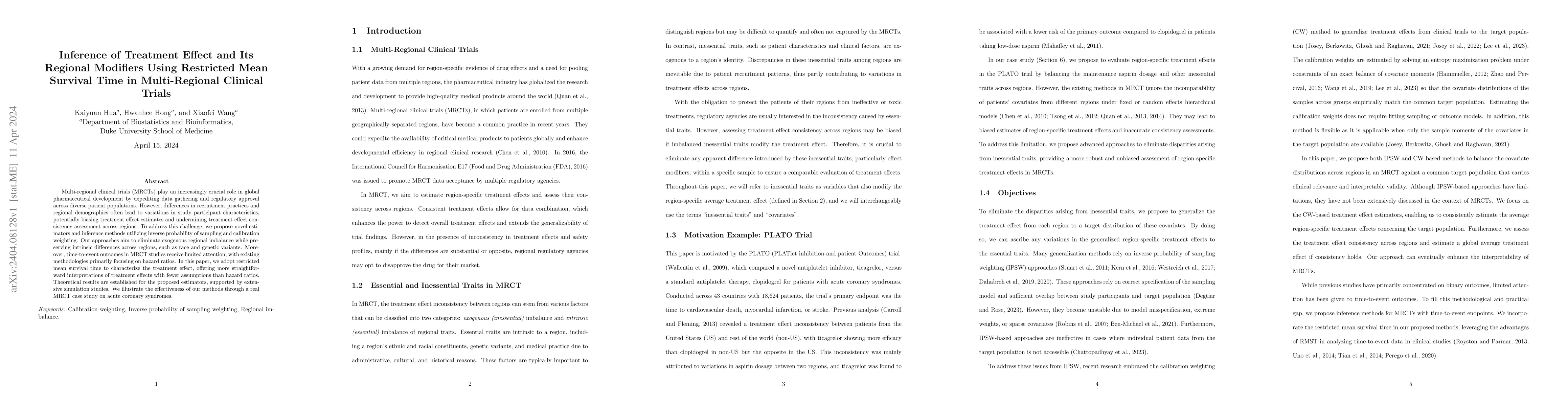 Thumbnail for Inference of treatment effect and its regional modifiers using
  restricted mean survival time in multi-regional clinical trials