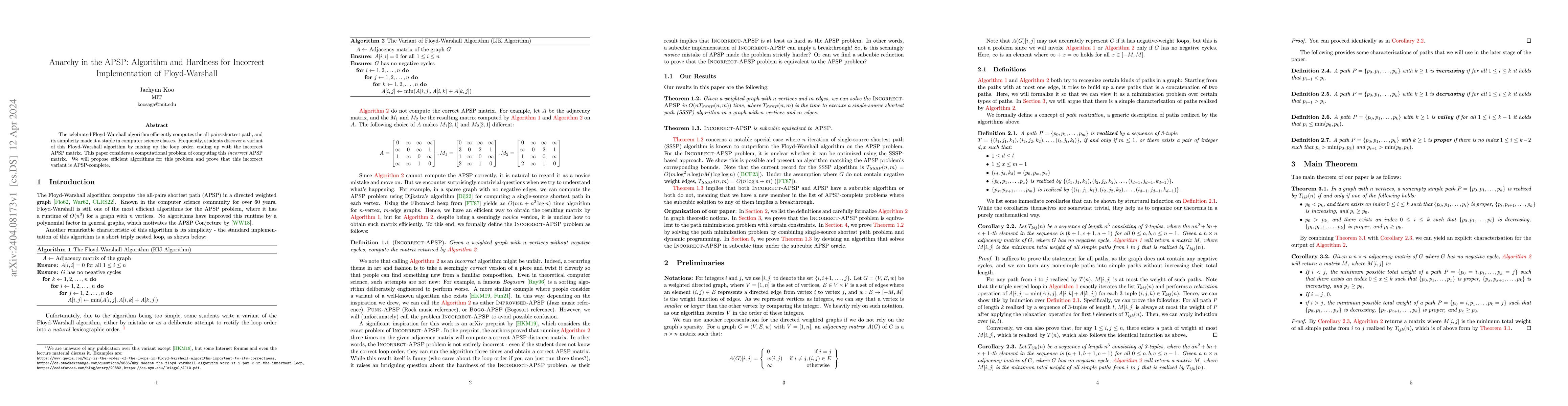 Thumbnail for Anarchy in the APSP: Algorithm and Hardness for Incorrect Implementation
  of Floyd-Warshall