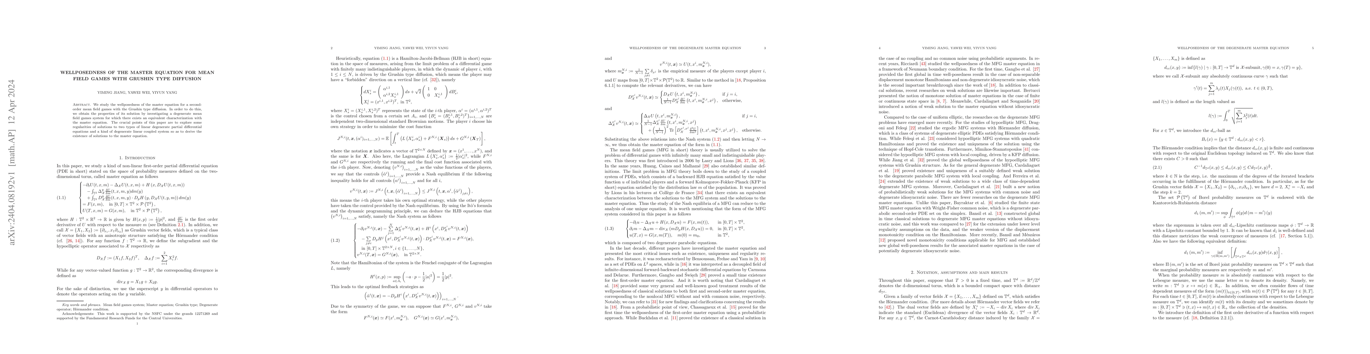 Thumbnail for Wellposedness of the Master Equation for Mean Field Games with Grushin
  Type Diffusion