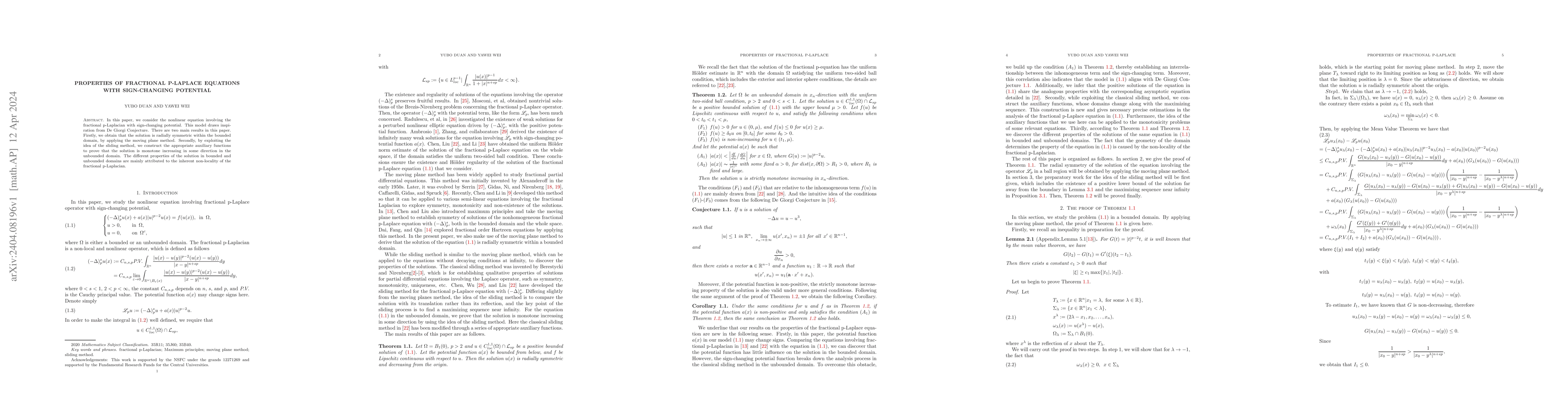 Thumbnail for Properties of fractional p-Laplace equations with sign-changing
  potential