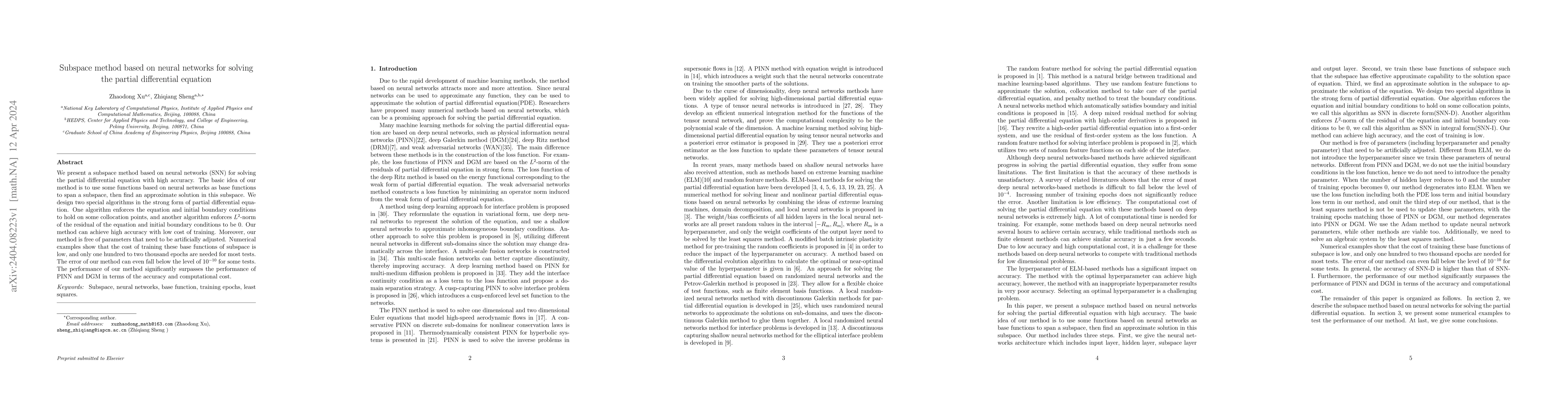 Thumbnail for Subspace method based on neural networks for solving the partial
  differential equation