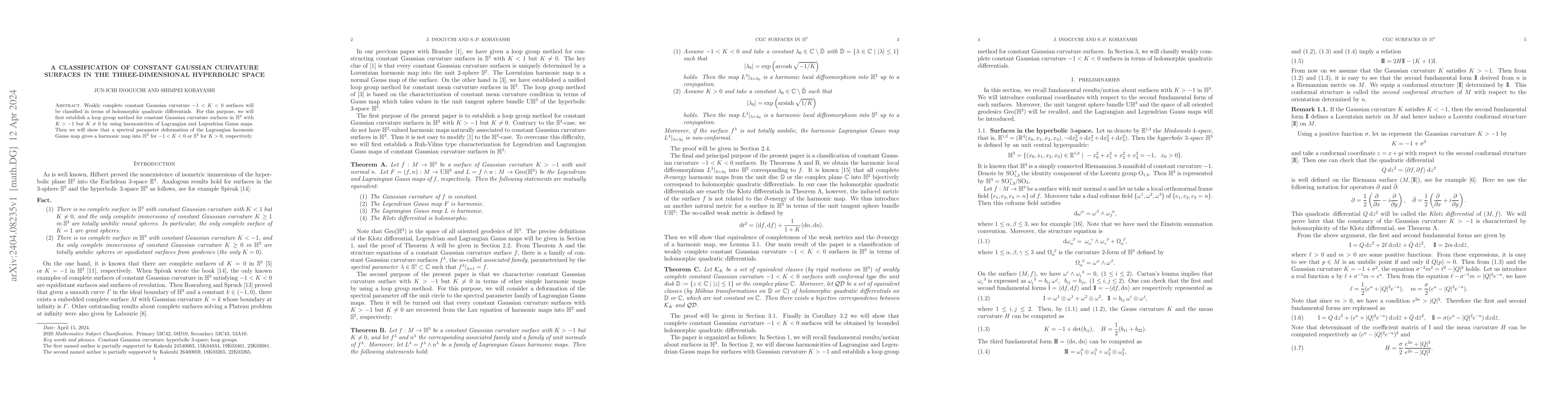Thumbnail for A classification of constant Gaussian curvature surfaces in the
  three-dimensional hyperbolic space