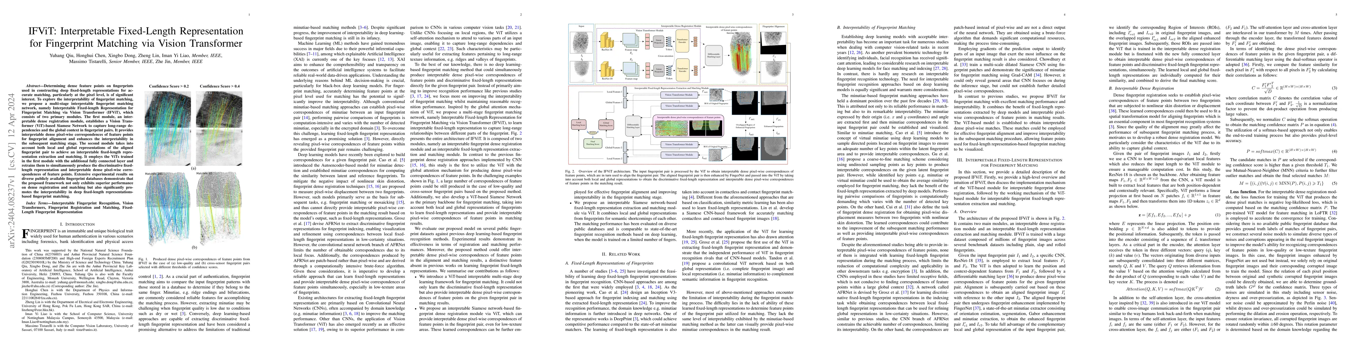 Thumbnail for IFViT: Interpretable Fixed-Length Representation for Fingerprint
  Matching via Vision Transformer