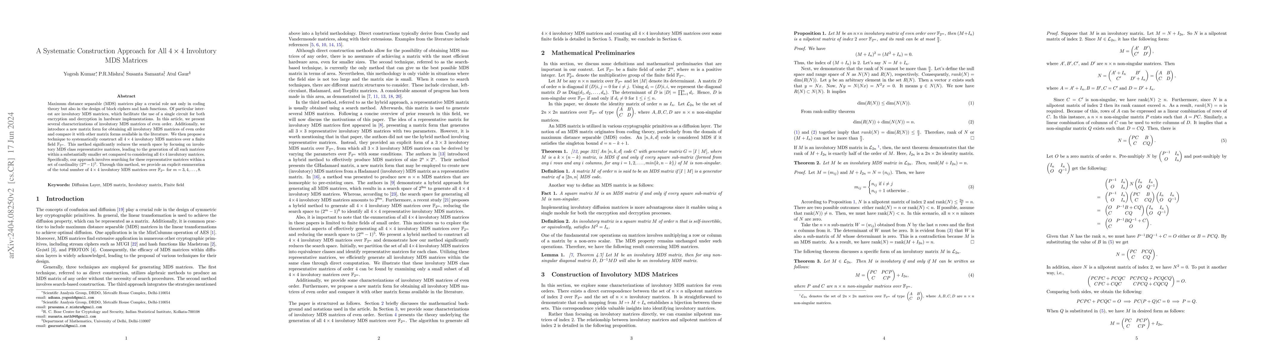Thumbnail for A Systematic Construction Approach for All $4\times 4$ Involutory MDS
  Matrices
