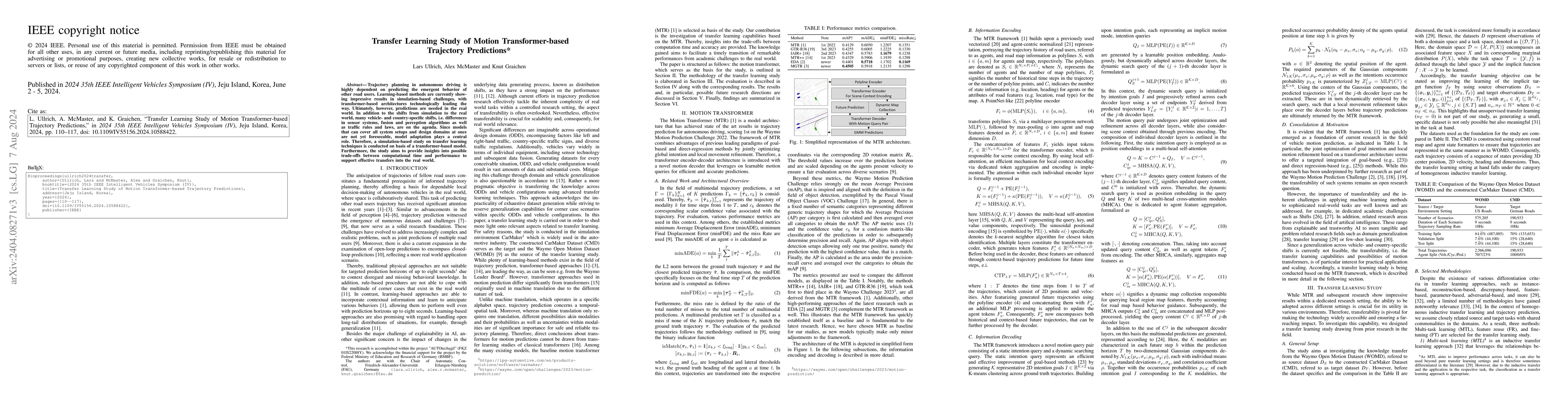 Thumbnail for Transfer Learning Study of Motion Transformer-based Trajectory
  Predictions