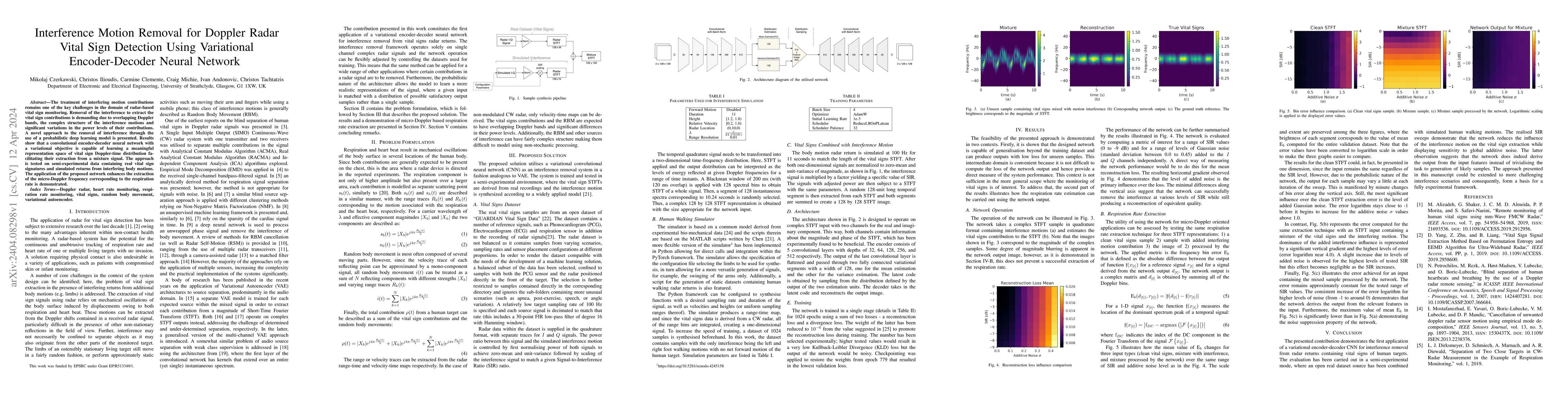 Thumbnail for Interference Motion Removal for Doppler Radar Vital Sign Detection Using
  Variational Encoder-Decoder Neural Network