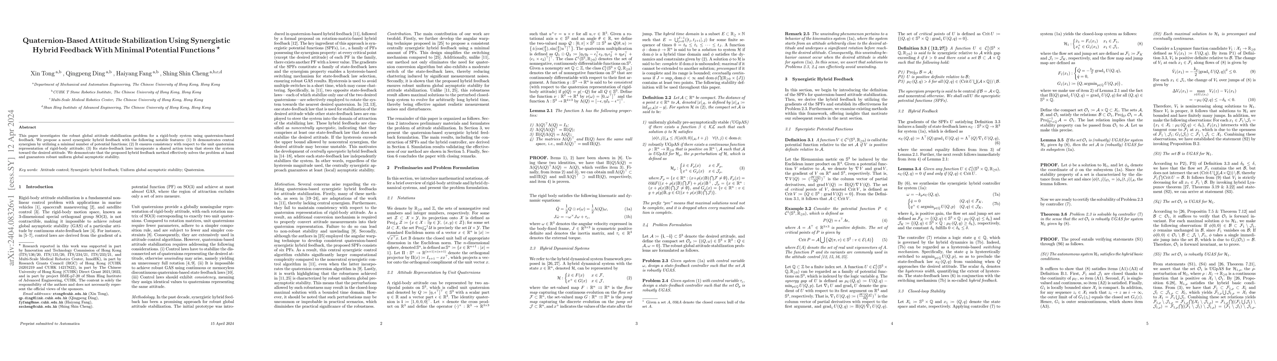 Thumbnail for Quaternion-Based Attitude Stabilization Using Synergistic Hybrid
  Feedback With Minimal Potential Functions