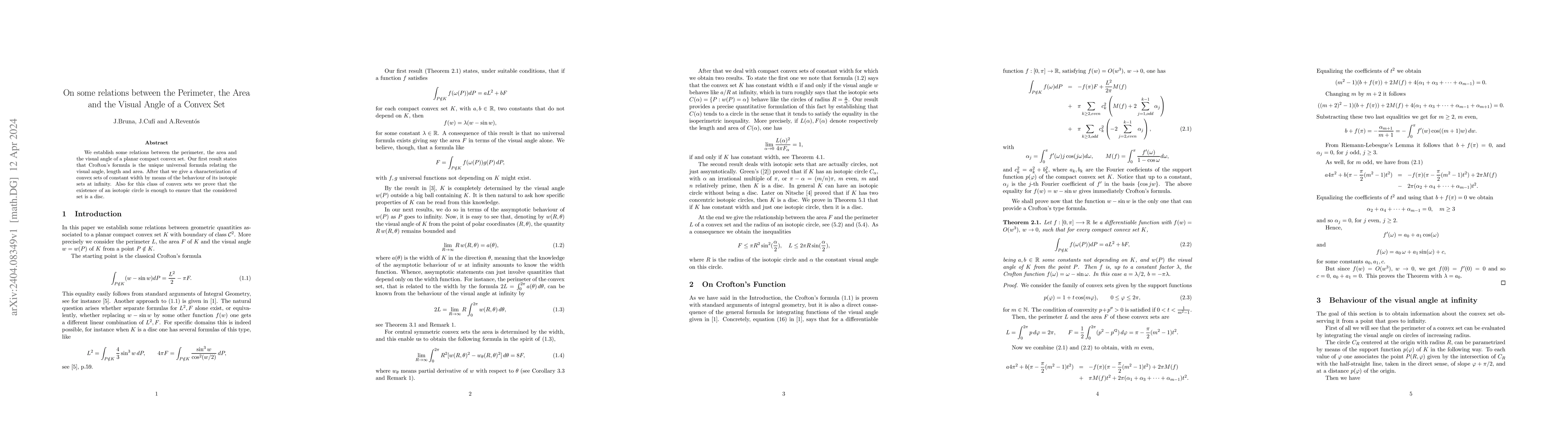 Thumbnail for On some relations between the Perimeter, the Area and the Visual Angle
  of a Convex Set