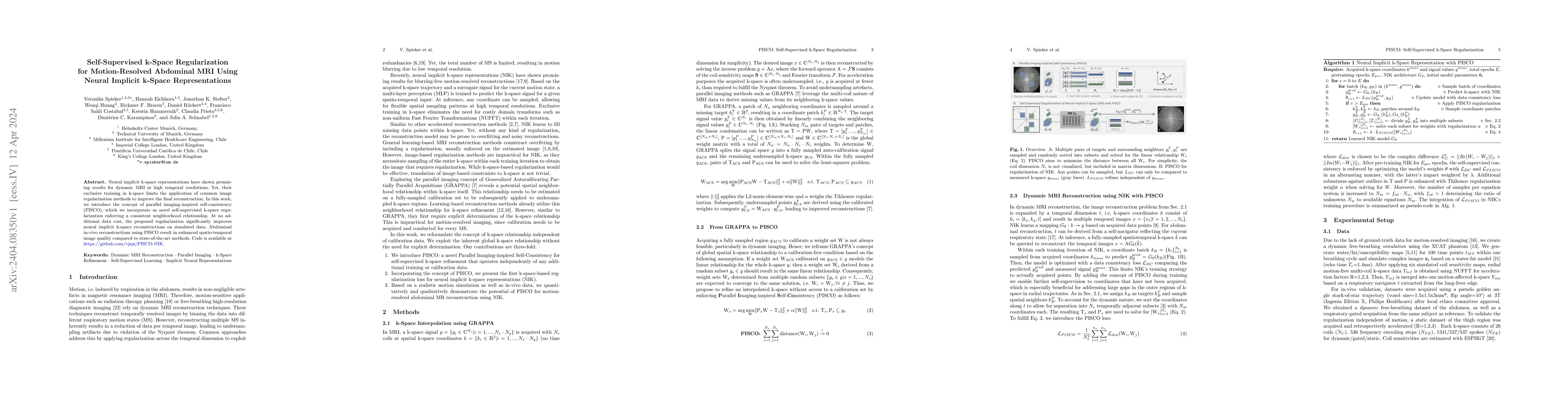 Thumbnail for Self-Supervised k-Space Regularization for Motion-Resolved Abdominal MRI
  Using Neural Implicit k-Space Representation