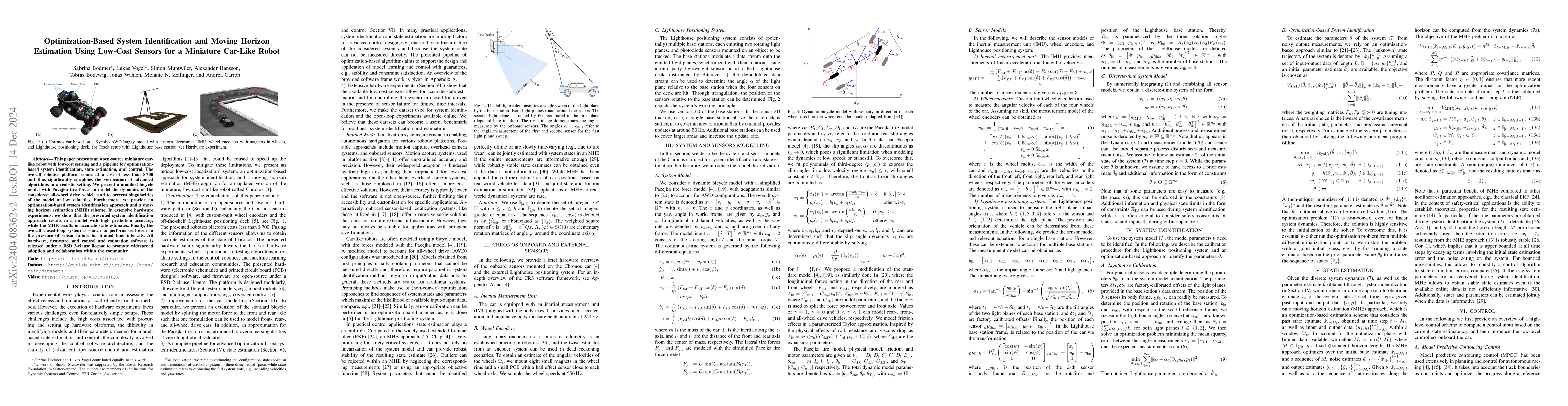 Thumbnail for Optimization-Based System Identification and Moving Horizon Estimation
  Using Low-Cost Sensors for a Miniature Car-Like Robot