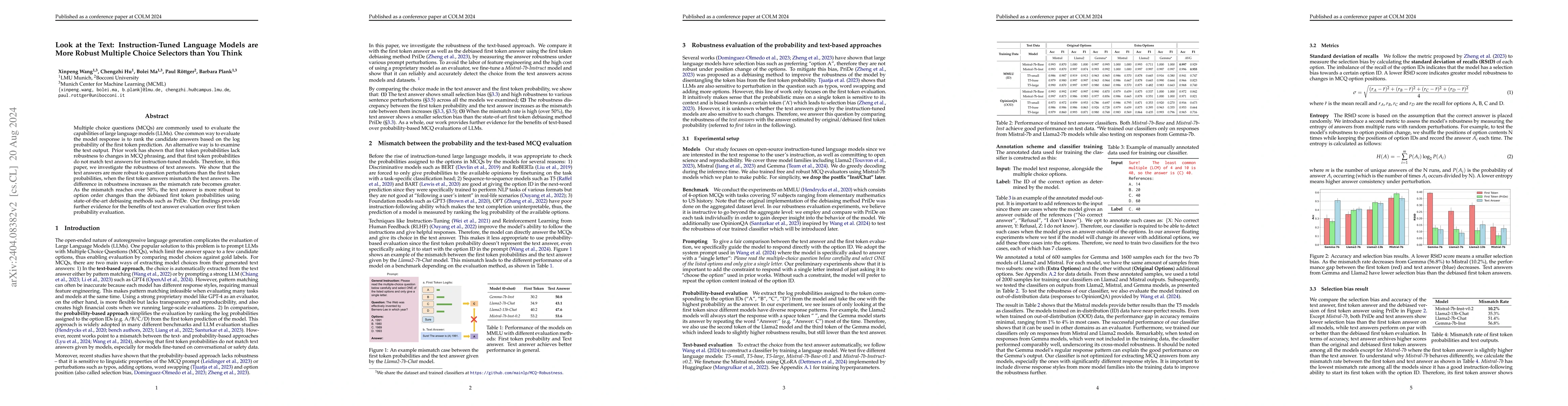 Thumbnail for Look at the Text: Instruction-Tuned Language Models are More Robust
  Multiple Choice Selectors than You Think