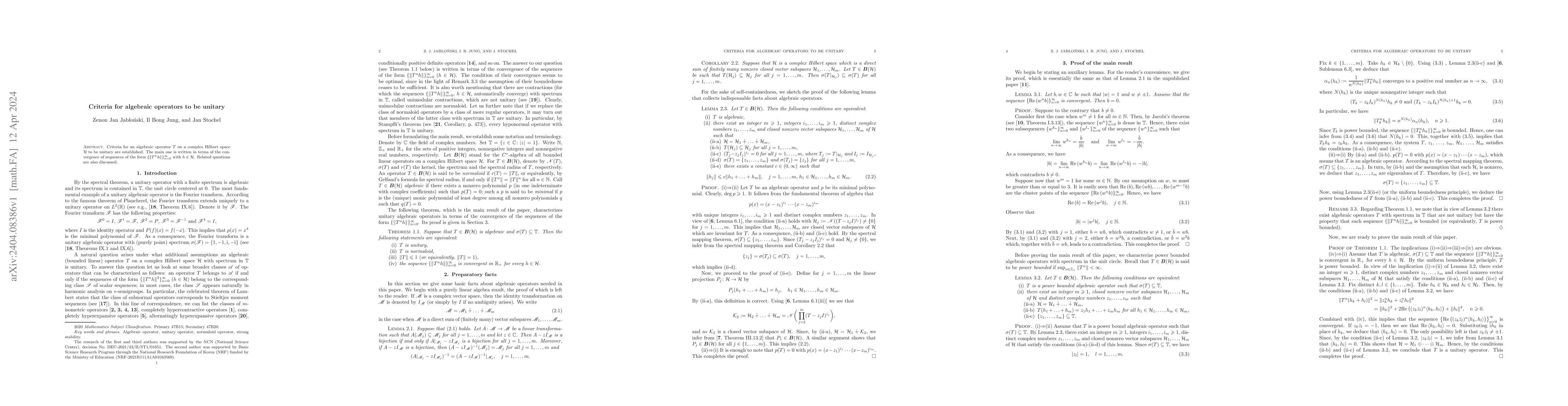 Thumbnail for Criteria for algebraic operators to be unitary