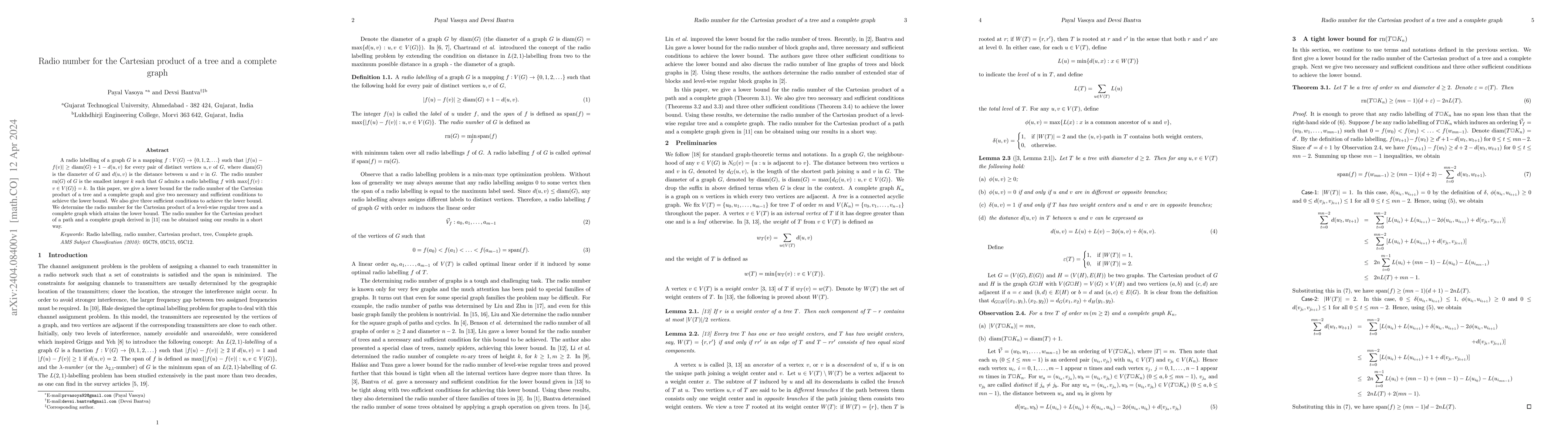 Thumbnail for Radio number for the Cartesian product of a tree and a complete graph