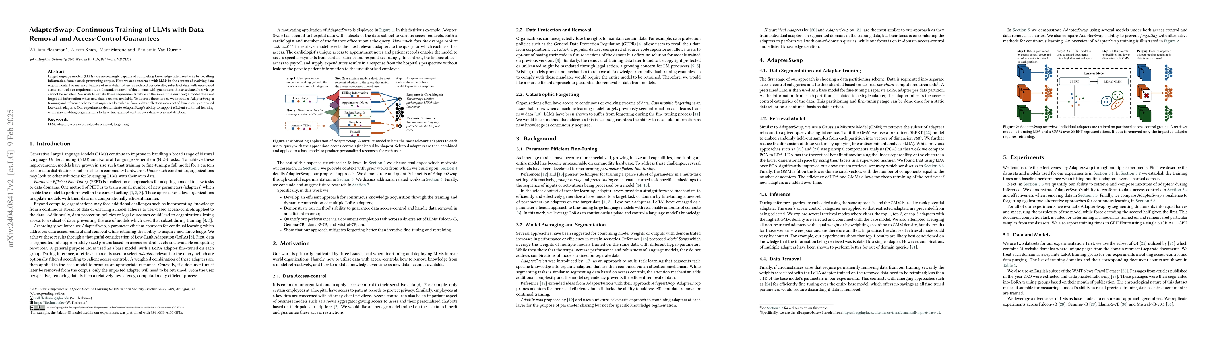 Thumbnail for AdapterSwap: Continuous Training of LLMs with Data Removal and
  Access-Control Guarantees