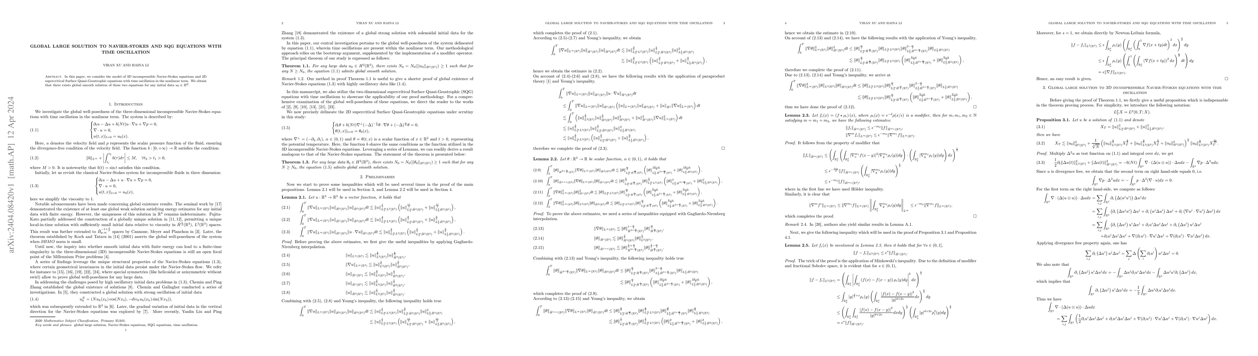 Thumbnail for Global Large Solution to Navier-Stokes and SQG Equations with Time
  Oscillation