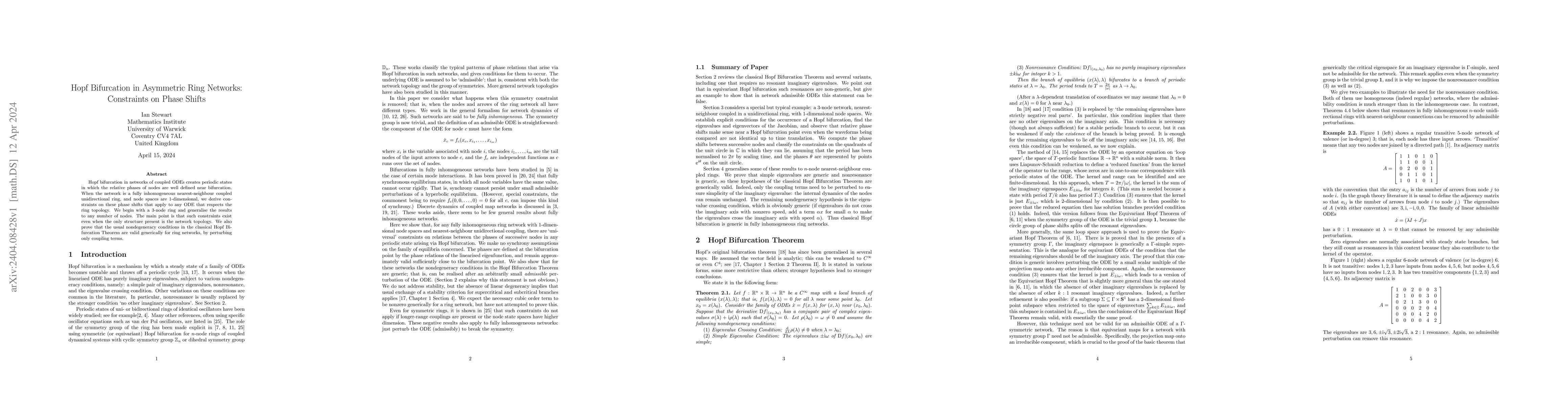 Thumbnail for Hopf Bifurcation in Asymmetric Ring Networks: Constraints on Phase
  Shifts