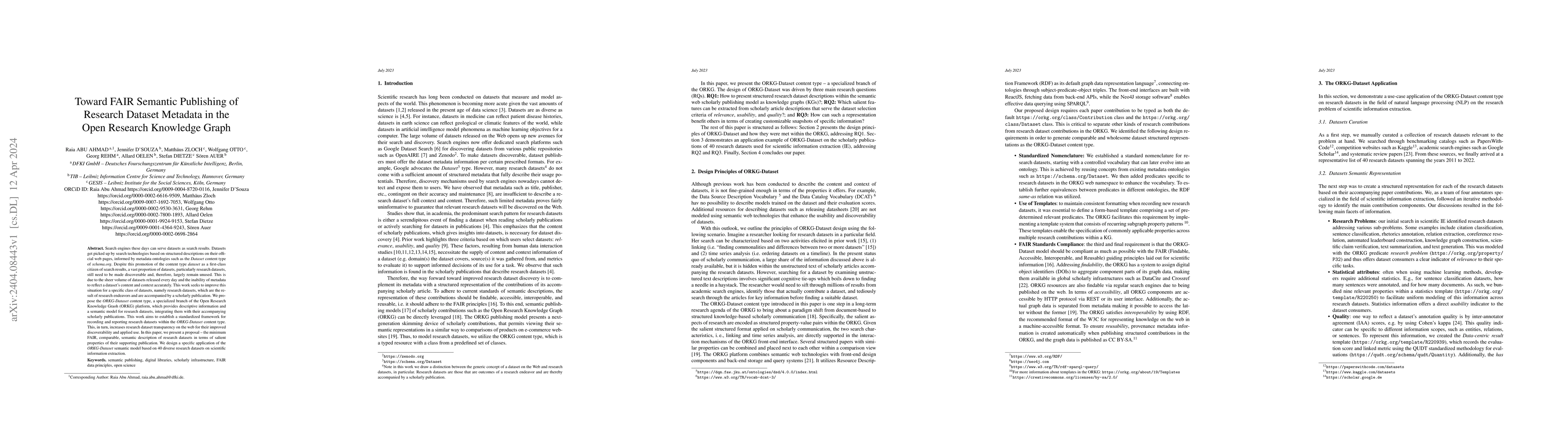 Thumbnail for Toward FAIR Semantic Publishing of Research Dataset Metadata in the Open
  Research Knowledge Graph