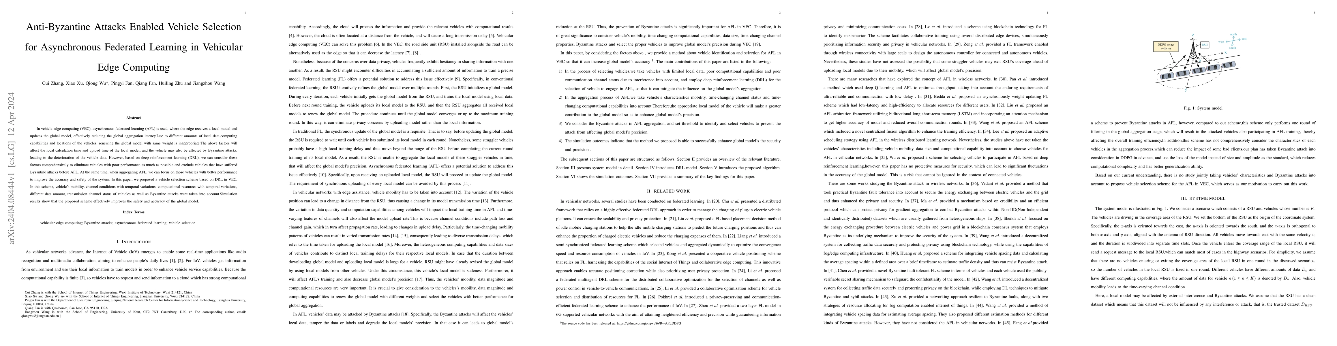 Thumbnail for Anti-Byzantine Attacks Enabled Vehicle Selection for Asynchronous
  Federated Learning in Vehicular Edge Computing