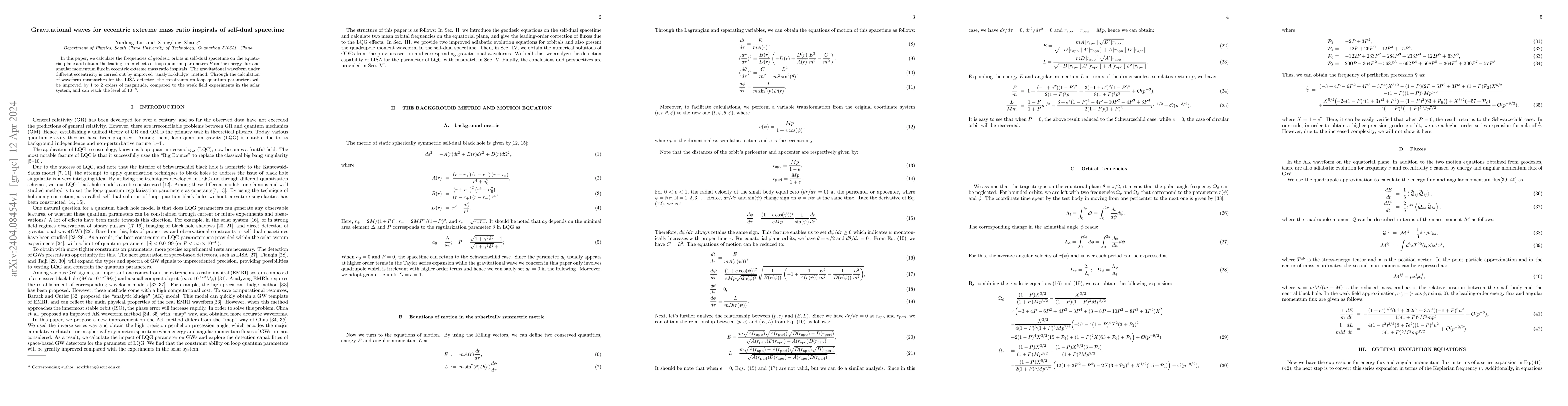 Thumbnail for Gravitational waves for eccentric extreme mass ratio inspirals of
  self-dual spacetime