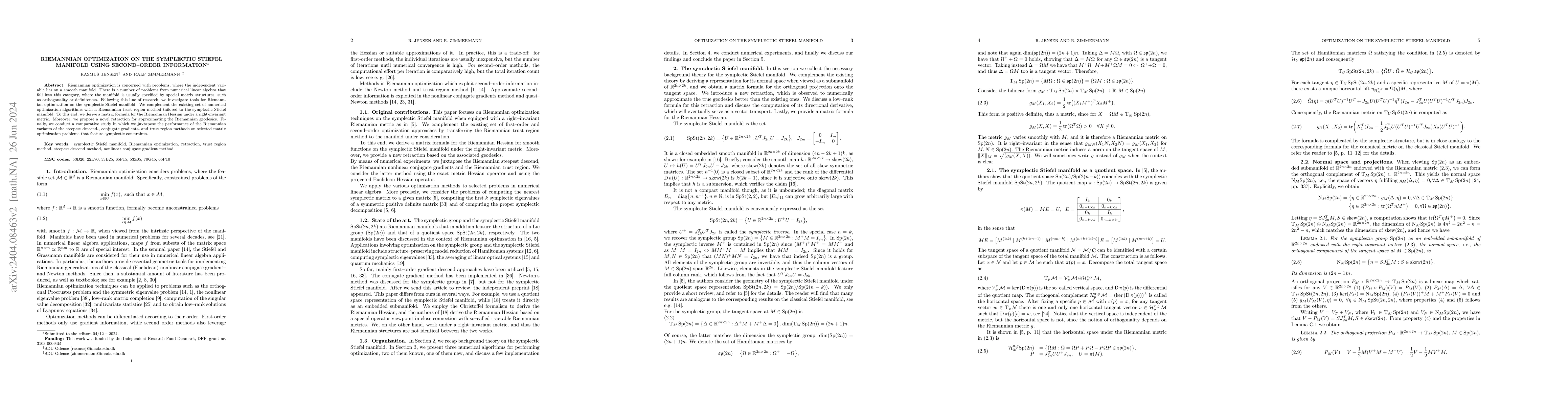 Thumbnail for Riemannian optimization on the symplectic Stiefel manifold using
  second-order information
