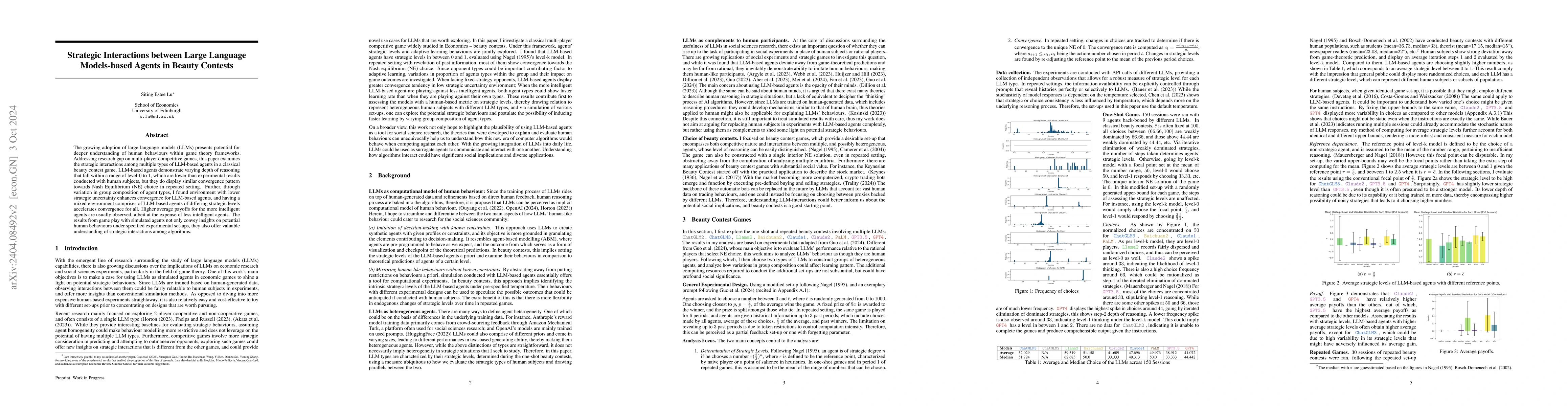 Thumbnail for Strategic Interactions between Large Language Models-based Agents in
  Beauty Contests