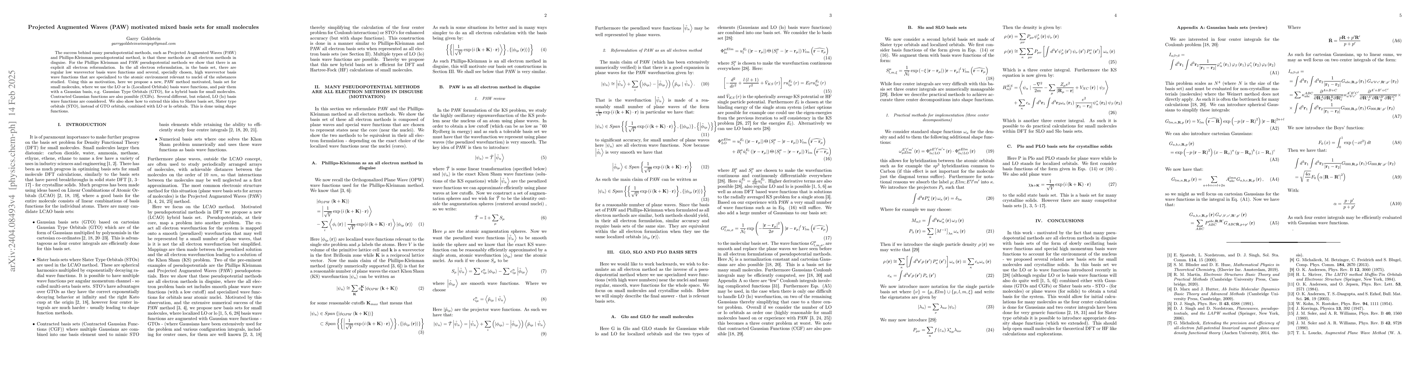 Thumbnail for Projected Augmented Waves (PAW) inspired mixed basis sets for small
  molecules