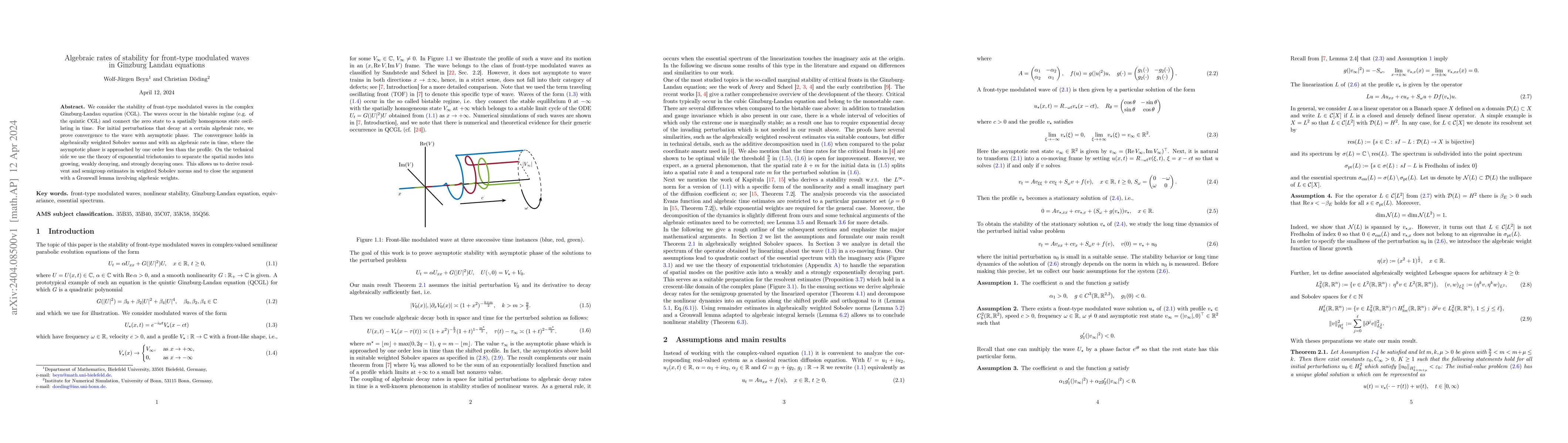 Thumbnail for Algebraic rates of stability for front-type modulated waves in Ginzburg
  Landau equations