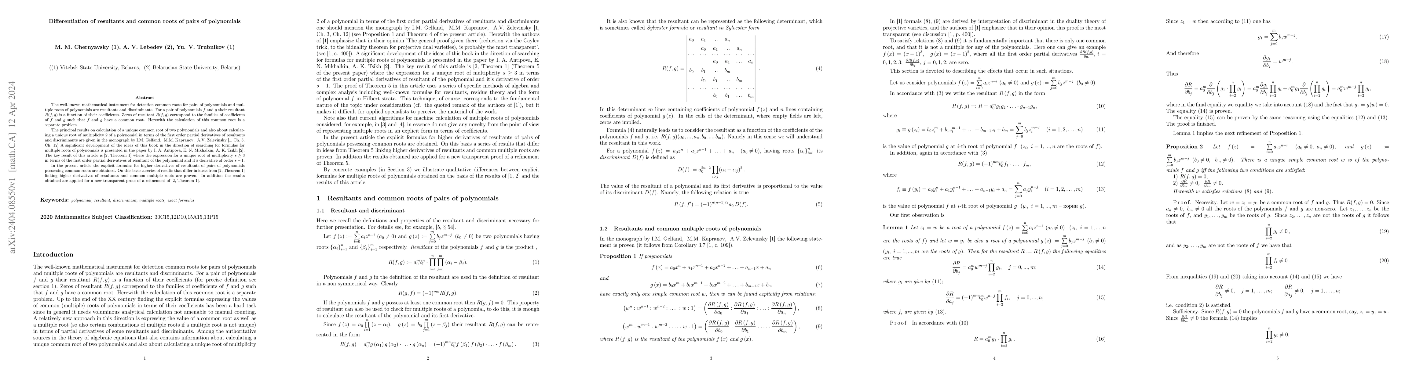 Thumbnail for Differentiation of resultants and common roots of pairs of polynomials