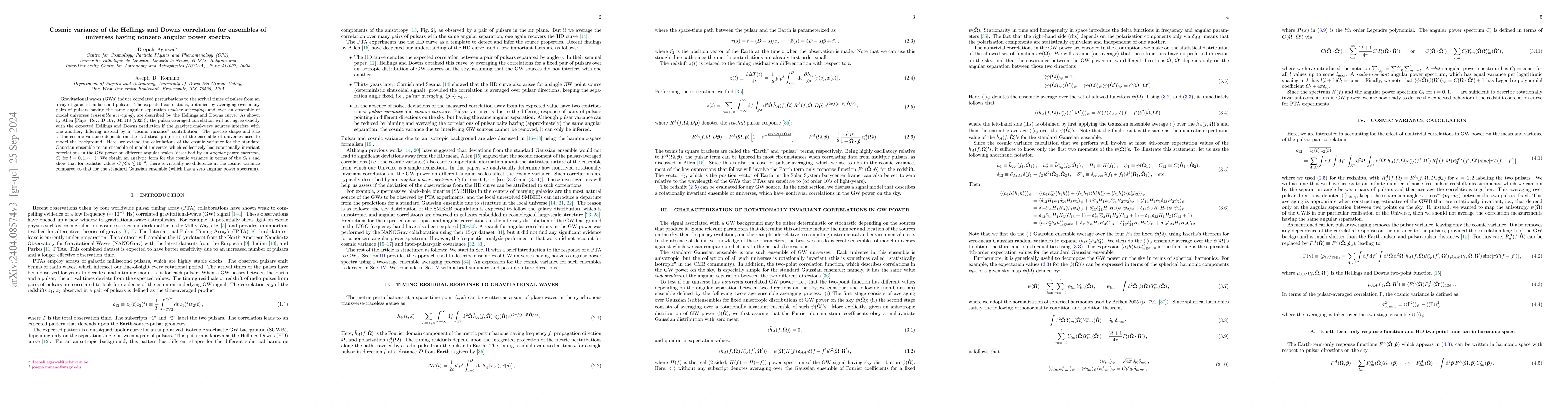 Thumbnail for Cosmic variance of the Hellings and Downs correlation for ensembles of
  universes having non-zero angular power spectra