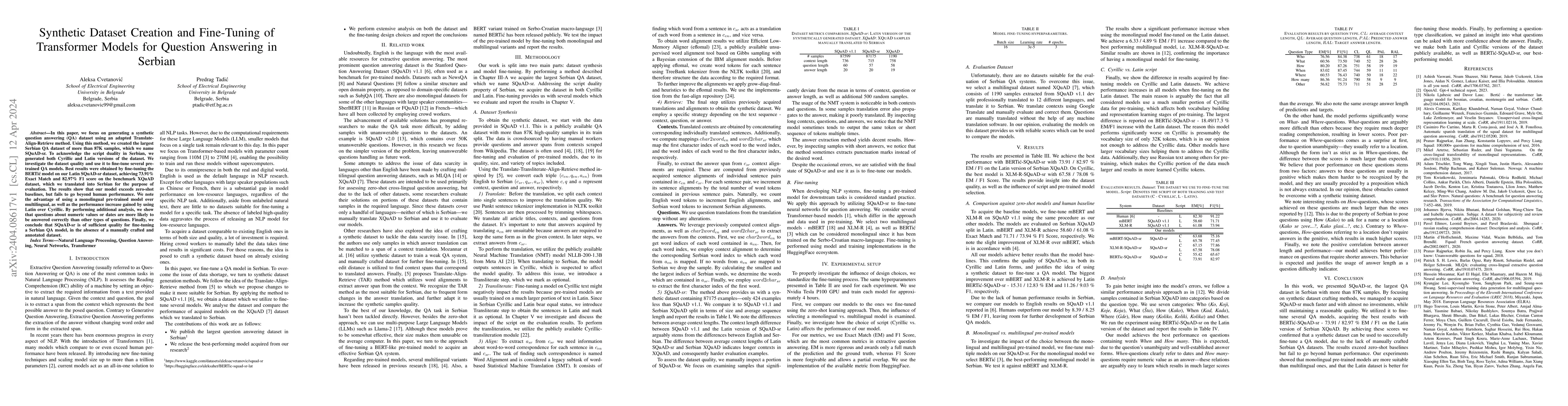 Thumbnail for Synthetic Dataset Creation and Fine-Tuning of Transformer Models for
  Question Answering in Serbian
