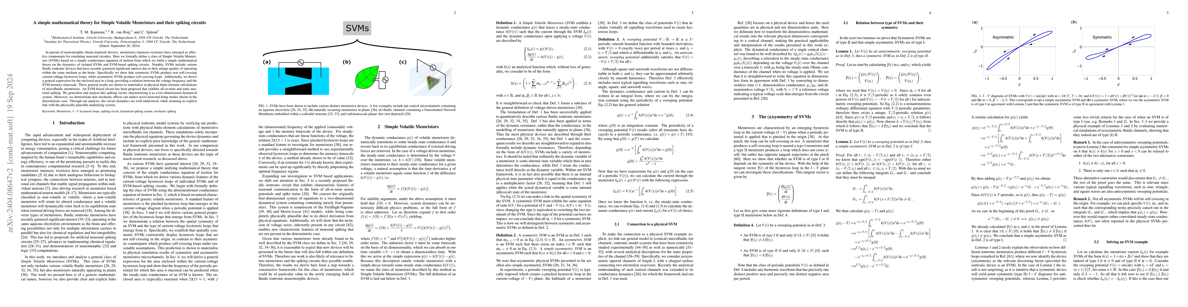 Thumbnail for A simple mathematical theory for Simple Volatile Memristors and their
  spiking circuits