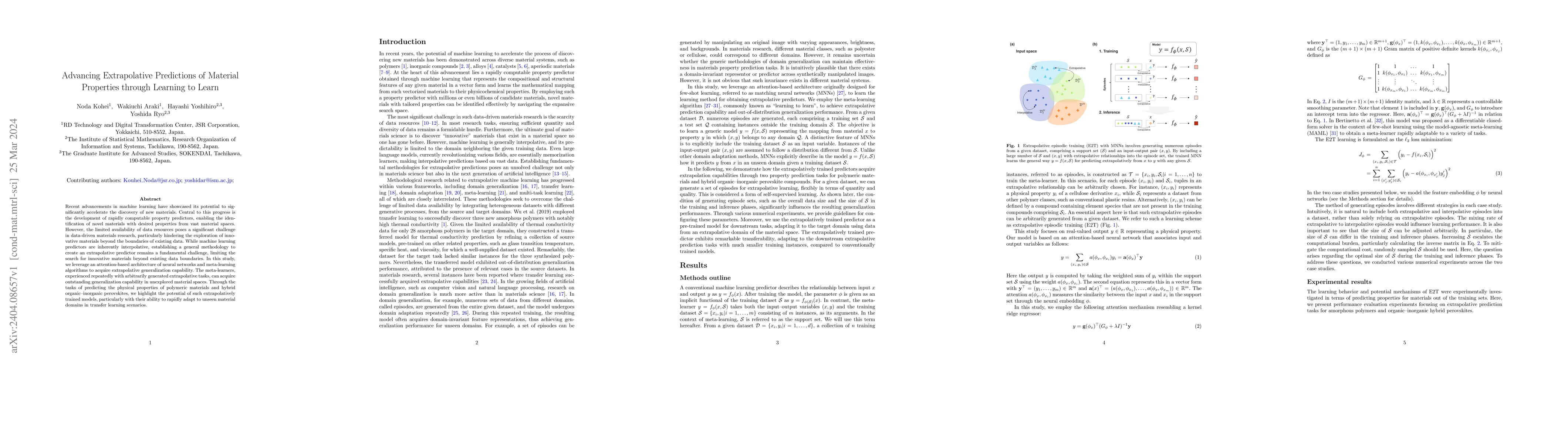 Thumbnail for Advancing Extrapolative Predictions of Material Properties through
  Learning to Learn